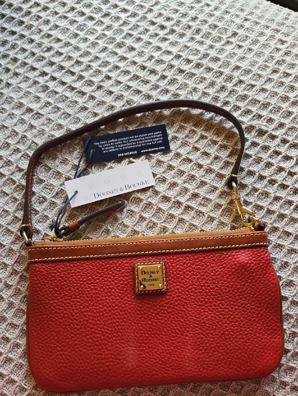 Dooney & Bourke Red Pebbled Leather Wristlet with Tan Trim